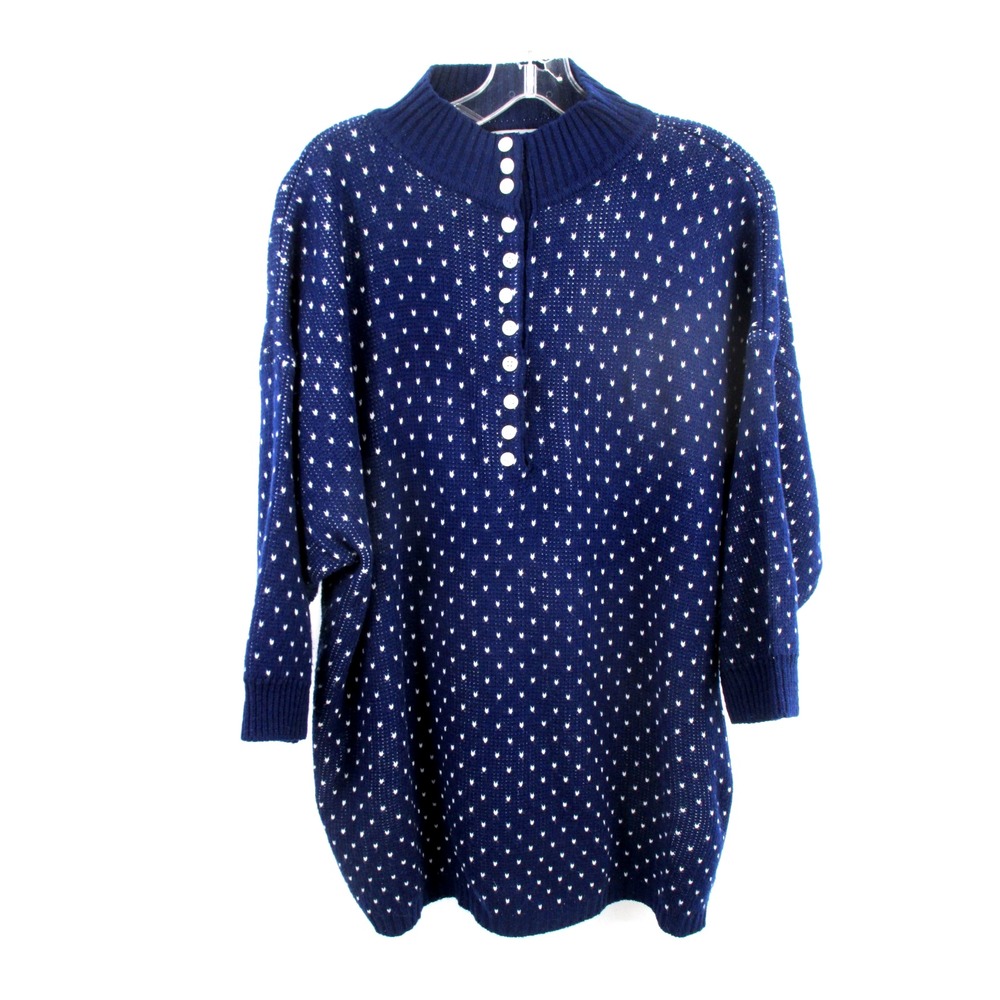 VENEZIA Pullover Tunic Sweater Women Large Blue White Polka Dots Buttons Vintage